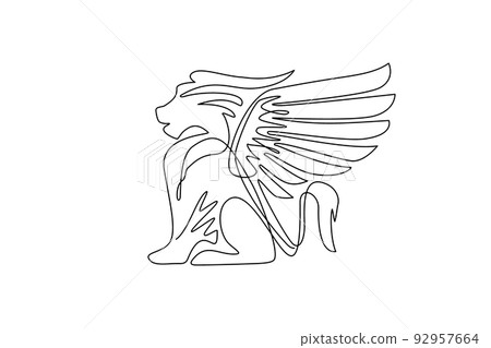 Single one line drawing winged lion logos, fantasy creatures, fantasy beasts, mythical creatures, griffin, premium business template. Modern continuous line draw design graphic vector illustration Single one line drawing winged lion logos, fantasy creatures, fantasy beasts, mythical creatures, griffin, premium business template. Modern continuous line draw design graphic vector illustration 92957664