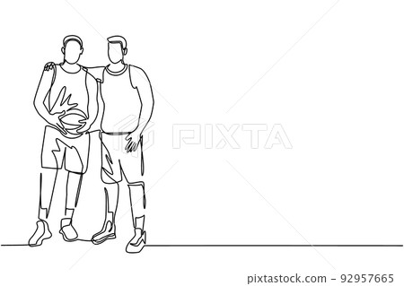 Continuous one line drawing two basketball players embrace each other. Two friendly man together after match finished. Male basketball players celebrating game with hug. Single line draw design vector Continuous one line drawing two basketball players embrace each other. Two friendly man together after match finished. Male basketball players celebrating game with hug. Single line draw design vector 92957665