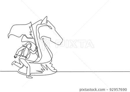Single continuous line drawing cute businesswoman running and holding flag beside big horse knight chess. Business achievement goal, metaphor concept. One line draw graphic design vector illustration Single continuous line drawing cute businesswoman running and holding flag beside big horse knight chess. Business achievement goal, metaphor concept. One line draw graphic design vector illustration 92957690