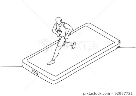 Single one line drawing man running on smartphone screen treadmill. Exercise fitness app and sports. Cardio control digital mobility exercise athlete. Continuous line draw design vector illustration Single one line drawing man running on smartphone screen treadmill. Exercise fitness app and sports. Cardio control digital mobility exercise athlete. Continuous line draw design vector illustration 92957721