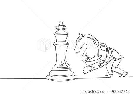 Single one line drawing businessman holding knight chess piece to beat king chess. Strategic planning, business development strategy, tactics in entrepreneurship. Continuous line draw design vector 92957743