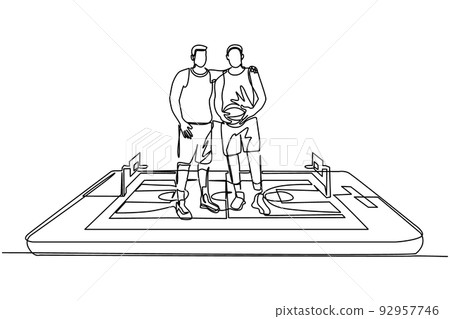 Single one line drawing two basketball players embrace each other on surface of smartphone. Mobile basketball. Mobile sports play match. Modern continuous line draw design graphic vector illustration Single one line drawing two basketball players embrace each other on surface of smartphone. Mobile basketball. Mobile sports play match. Modern continuous line draw design graphic vector illustration 92957746