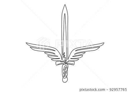 Single continuous line drawing sword wings icon template. Black and white winged sword logo with elegant outspread wings and feathers for logo design. Dynamic one line draw graphic vector illustration Single continuous line drawing sword wings icon template. Black and white winged sword logo with elegant outspread wings and feathers for logo design. Dynamic one line draw graphic vector illustration 92957765