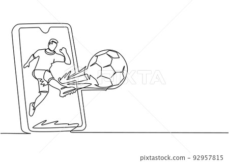 Single continuous line drawing soccer player shooting ball and getting out of smartphone screen. Mobile sports play match. Online soccer game with live mobile app. One line draw graphic design vector Single continuous line drawing soccer player shooting ball and getting out of smartphone screen. Mobile sports play match. Online soccer game with live mobile app. One line draw graphic design vector 92957815