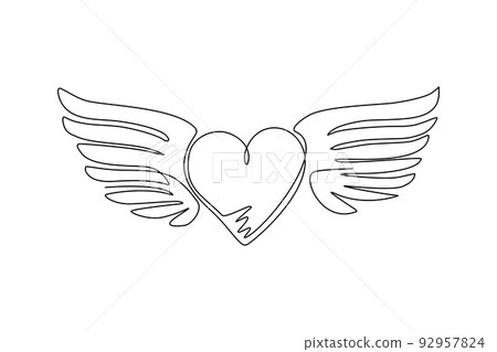 Continuous one line drawing heart love romantic with wings silhouette flat style icon. Flying heart logo with wings. Winged hearts fly in the sky. Single line draw design vector graphic illustration Continuous one line drawing heart love romantic with wings silhouette flat style icon. Flying heart logo with wings. Winged hearts fly in the sky. Single line draw design vector graphic illustration 92957824