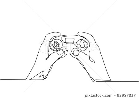 Single one line drawing young man hands holding video game console. Gamer holding in hand gamepad. Man playing video game. Leisure time at home. Continuous line draw design graphic vector illustration 92957837