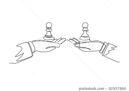Single one line drawing business concept, of businessman hands, one holding pawn chess piece and the other hand too. Strategy and management. Continuous line draw design graphic vector illustration 92957860