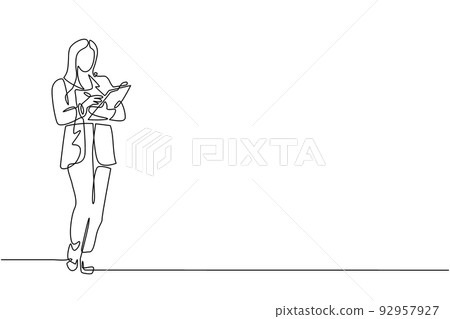 Continuous one line drawing female office secretary writing with clipboard. Smart woman in elegant wear, assisting in paper work. Business workwear trend, city fashion. Single line draw design vector Continuous one line drawing female office secretary writing with clipboard. Smart woman in elegant wear, assisting in paper work. Business workwear trend, city fashion. Single line draw design vector 92957927