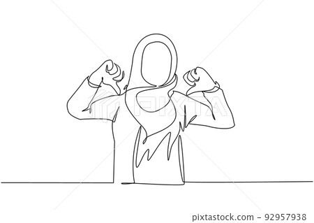 Single one line drawing unhappy Arab woman showing thumbs down sign gesture. Dislike, disagree, disappointment, disapprove, no deal. Emotion, body language. Continuous line draw design graphic vector Single one line drawing unhappy Arab woman showing thumbs down sign gesture. Dislike, disagree, disappointment, disapprove, no deal. Emotion, body language. Continuous line draw design graphic vector 92957938