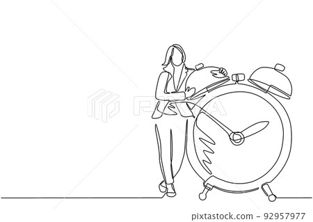 Single continuous line drawing businesswoman, manager or employee stand and hugging big clock. Concept of time management. Time, watch, time to work. One line draw graphic design vector illustration 92957977