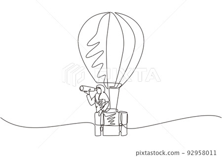 Continuous one line drawing Arabian businesswoman looking through telescope in hot air balloon briefcase. Female in suitcase balloon search to success. Business travel. Single line draw design vector Continuous one line drawing Arabian businesswoman looking through telescope in hot air balloon briefcase. Female in suitcase balloon search to success. Business travel. Single line draw design vector 92958011