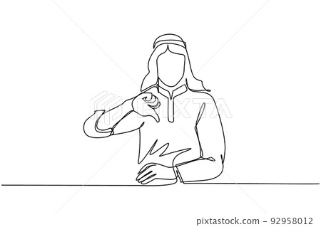 Single continuous line drawing unhappy young Arabian man showing thumbs down sign gesture. Dislike, disagree, disappointment, disapprove, no deal. Emotion, body language. One line draw design vector 92958012