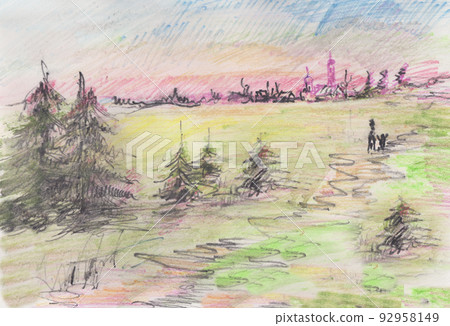 Rural landscape wth village in distance Rural landscape wth village in distance 92958149