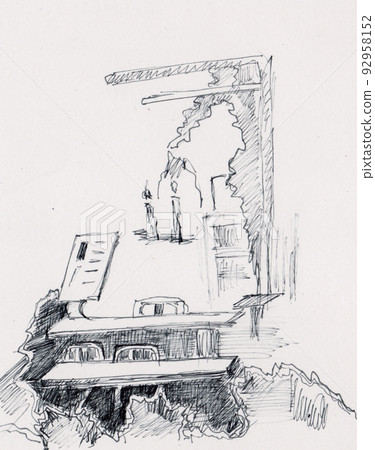 instant sketch, part of street with Cafe tables instant sketch, part of street with Cafe tables 92958152