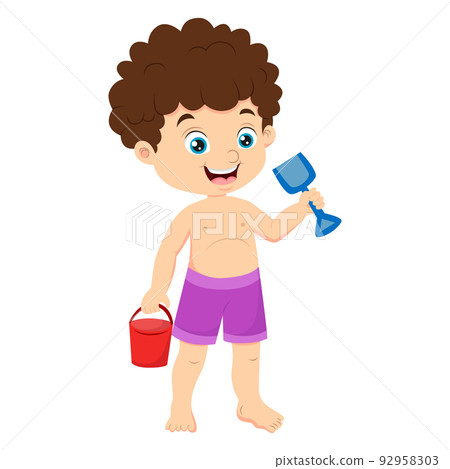 Cartoon little boy holding bucket and scoop 92958303