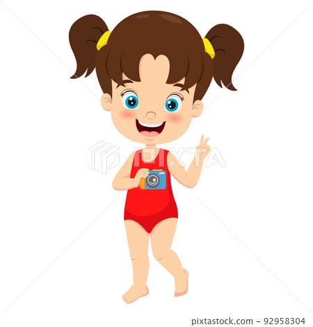 Cartoon little girl in red swimsuit holding camera Cartoon little girl in red swimsuit holding camera 92958304