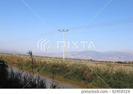 Electrical wires carrying high voltage current. 92958529