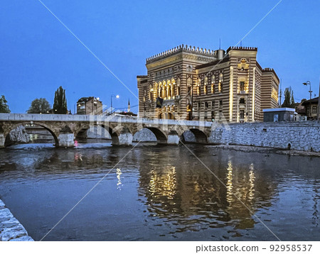 Sarajevo, Bosnia - May 2, 2022 - Library building was the City Hall before The War, and the Latin 92958537