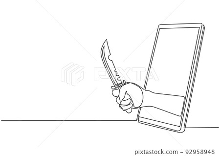 Continuous one line drawing hand hold military combat knife through mobile phone. Concept of mobile games, e-sport, entertainment application for smartphones. Single line draw design vector graphic Continuous one line drawing hand hold military combat knife through mobile phone. Concept of mobile games, e-sport, entertainment application for smartphones. Single line draw design vector graphic 92958948