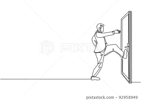 Single one line drawing businessman kicks door closed with his leg. Business and success. Aggressive business approach. Business struggles. Continuous line draw design graphic vector illustration Single one line drawing businessman kicks door closed with his leg. Business and success. Aggressive business approach. Business struggles. Continuous line draw design graphic vector illustration 92958949