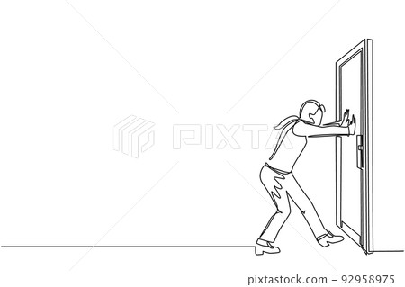 Continuous one line drawing businesswoman pushes closed door on white wooden door frame. Business struggles. Strength for success. Opening closed doors. Single line draw design vector illustration Continuous one line drawing businesswoman pushes closed door on white wooden door frame. Business struggles. Strength for success. Opening closed doors. Single line draw design vector illustration 92958975