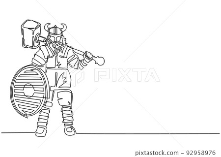 Single one line drawing norseman viking warrior raider barbarian wearing horned helmet with beard holding hammer and shield isolated white background. Continuous line draw design vector illustration Single one line drawing norseman viking warrior raider barbarian wearing horned helmet with beard holding hammer and shield isolated white background. Continuous line draw design vector illustration 92958976