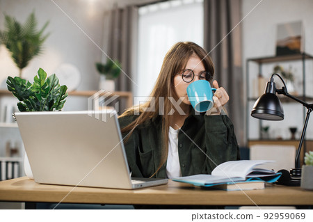 Young caucasian woman sitting at desk and surfing internet on portable computer Young caucasian woman sitting at desk and surfing internet on portable computer 92959069
