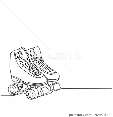 Single continuous line drawing pair of vintage, retro quad roller skates icon logo symbol. Sketch style pair of quad roller skates with white laces. One line draw graphic design vector illustration Single continuous line drawing pair of vintage, retro quad roller skates icon logo symbol. Sketch style pair of quad roller skates with white laces. One line draw graphic design vector illustration 92959188