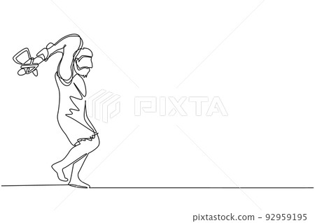 Single continuous line drawing prehistoric man holding and raised stone axes. Man hunting an ancient animal with stone axe, caveman of prehistoric period with weapon. One line graphic design vector 92959195