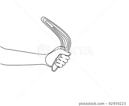 Single one line drawing hand holding boomerang, ancient aboriginal hunting tool from Australia. Traditional souvenir, Australian native symbols. Continuous line draw design graphic vector illustration 92959223