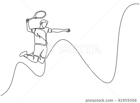 Continuous one line drawing young agile man tennis player jump and hit the ball. Tennis professional tournament. Sport exercise healthy concept. Single line draw design vector graphic illustration Continuous one line drawing young agile man tennis player jump and hit the ball. Tennis professional tournament. Sport exercise healthy concept. Single line draw design vector graphic illustration 92959308