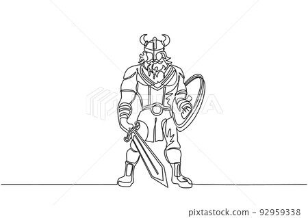 Single continuous line drawing man warrior viking in horned helmet holding sword and shield. Cartoon character male with weapon standing in belligerent pose. One line draw design vector illustration Single continuous line drawing man warrior viking in horned helmet holding sword and shield. Cartoon character male with weapon standing in belligerent pose. One line draw design vector illustration 92959338