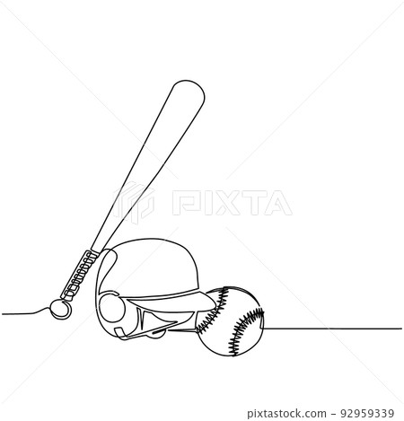 Continuous one line drawing baseball and softball label. Ball and helmet with wooden bat. Sporting symbol and mascot. Variety of baseball equipment: bat, ball, helmet. Single line draw design vector 92959339