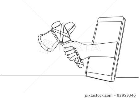 Single continuous line drawing hand holding prehistoric stone axes through mobile phone. Concept of mobile games, e-sport, entertainment application for smartphone. One line draw graphic design vector Single continuous line drawing hand holding prehistoric stone axes through mobile phone. Concept of mobile games, e-sport, entertainment application for smartphone. One line draw graphic design vector 92959340