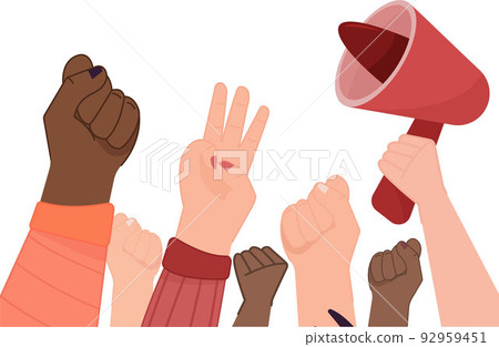 Raised hands up with megaphone, placards, fists in protest 92959451
