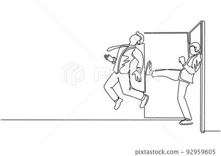 Single one line drawing businessman get kicked out of door. Dismissed from his job. Unemployment business concept. Boss kicks unnecessary employee. Modern continuous line draw design graphic vector Single one line drawing businessman get kicked out of door. Dismissed from his job. Unemployment business concept. Boss kicks unnecessary employee. Modern continuous line draw design graphic vector 92959605