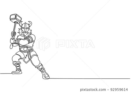 Single one line drawing viking warrior mascot swinging hammer. Viking swing attack with hammer. Viking warrior barbarian with horned helmet swinging battle hammer. Continuous line draw design vector Single one line drawing viking warrior mascot swinging hammer. Viking swing attack with hammer. Viking warrior barbarian with horned helmet swinging battle hammer. Continuous line draw design vector 92959614