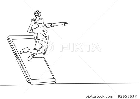 Continuous one line drawing man volleyball athlete player in action jumping spike getting out of smartphone screen. Mobile sports play matches. Online volleyball game. Single line draw design vector 92959637