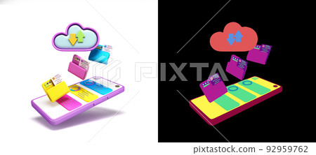 Cloud storage synchronization concept smartphone with file folders on screen 3d render with color alpha Cloud storage synchronization concept smartphone with file folders on screen 3d render with color alpha 92959762