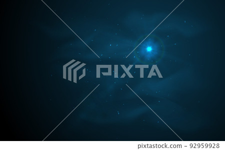 Abstract night blue sun lens flare translucent special light effect design. Vector blur glow glare with dust particles and cloudy haze. Dark mysterious background. Star burst rays accent spotlight 92959928