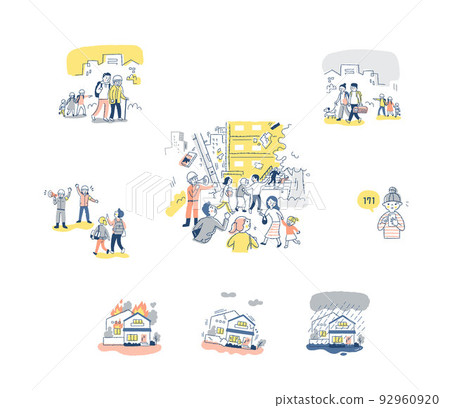 Illustration set of earthquake scenes, people evacuating, etc. 92960920