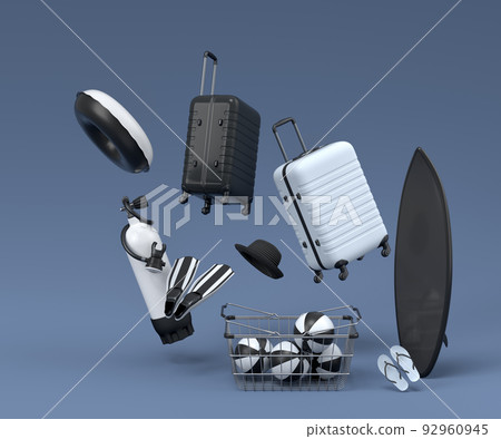 Colorful luggage with beach accessories and shopping basket on black and white Colorful luggage with beach accessories and shopping basket on black and white 92960945