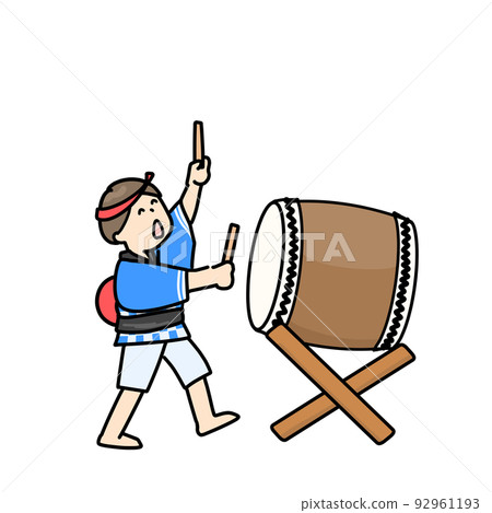 Illustration of a boy in a happi coat playing a Japanese drum 92961193
