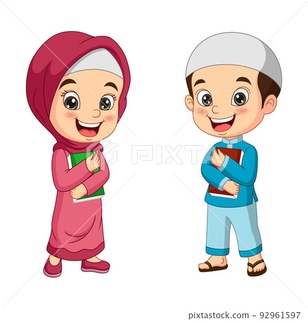 Cartoon muslim kids holding Quran book Cartoon muslim kids holding Quran book 92961597