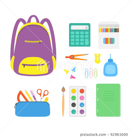 set of backpack and school stationery on white set of backpack and school stationery on white 92961600