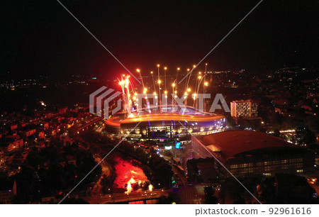 Aerial view of fireworks and night cityscape. New Years Eve, 4th of July, festival concept Aerial view of fireworks and night cityscape. New Years Eve, 4th of July, festival concept 92961616