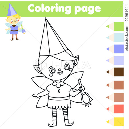 Coloring page with fairy elf boy. Drawing kids activity. Printable fun for toddlers and children Coloring page with fairy elf boy. Drawing kids activity. Printable fun for toddlers and children 92961644