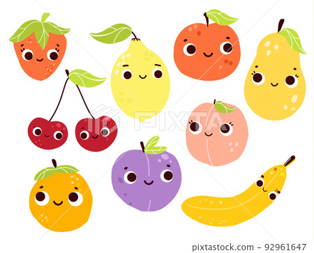collection of funny fruits and berries cartoon characters. Apple, banana, cherry and other cute fruits collection of funny fruits and berries cartoon characters. Apple, banana, cherry and other cute fruits 92961647