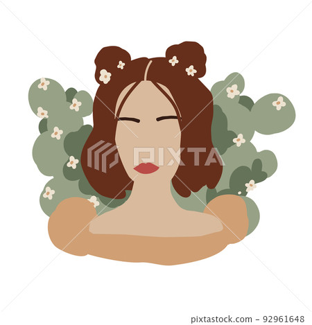 Abstract Woman face in minimal style. Modern Fashion Female faceless portrait. Girl and green cactus Abstract Woman face in minimal style. Modern Fashion Female faceless portrait. Girl and green cactus 92961648