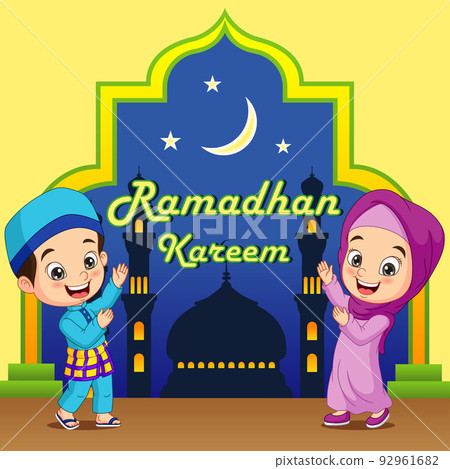 Ramadan kareem greeting card with muslim children cartoon 92961682